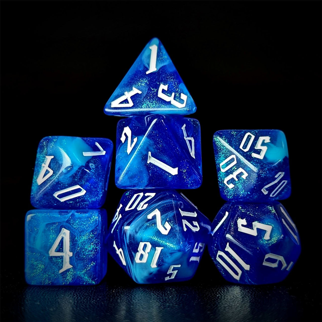 Glitter in Blue & White Acrylic - 7pcs RPG Full Dice Set Dark Stack