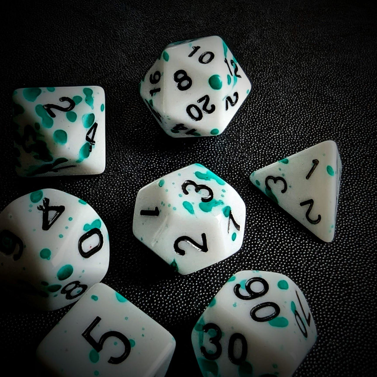 Green Blood Splatter on White Acrylic - 7pcs RPG Full Dice Set Scatter