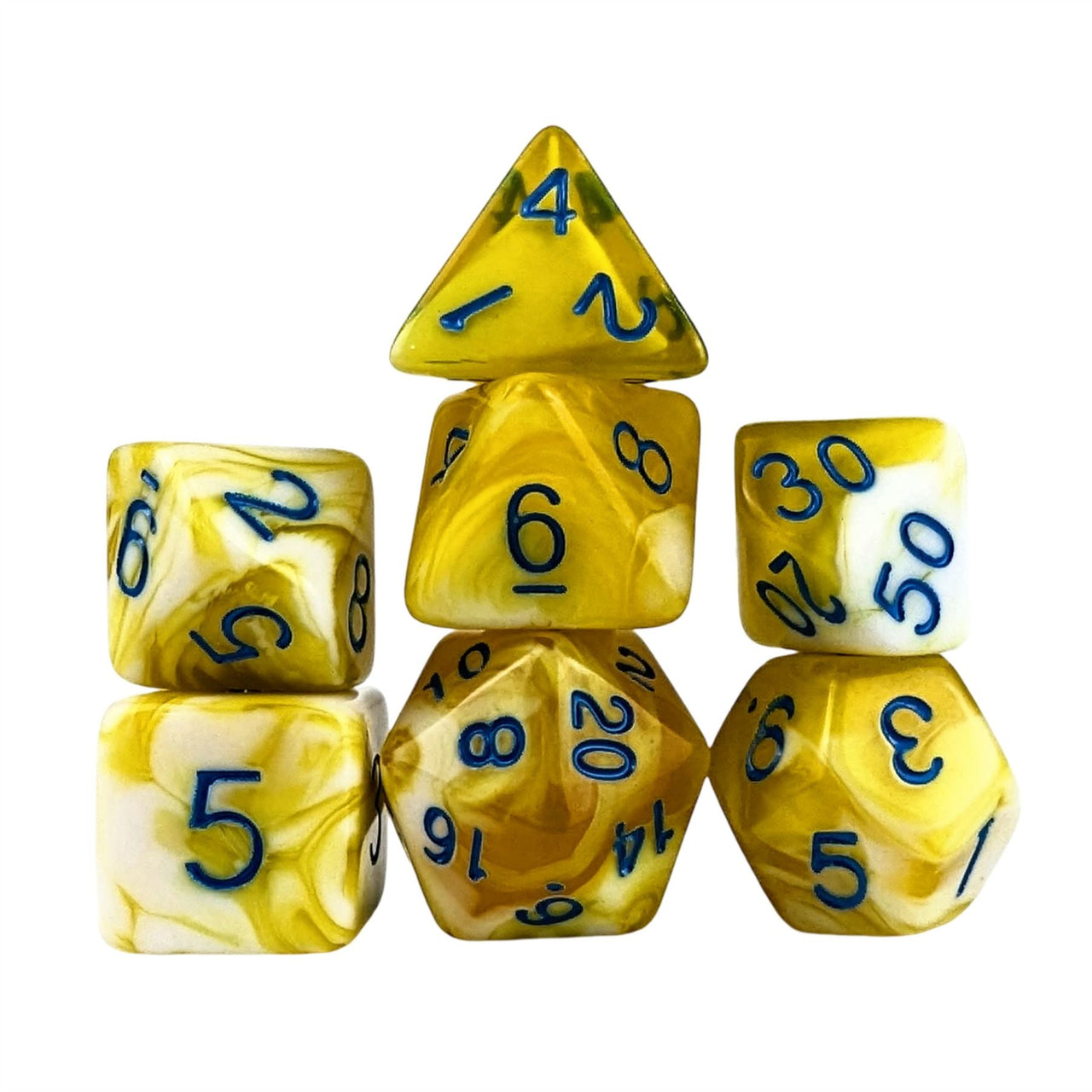 Blend of White & Yellow Acrylic - 7pcs RPG Full Dice Set White Stack
