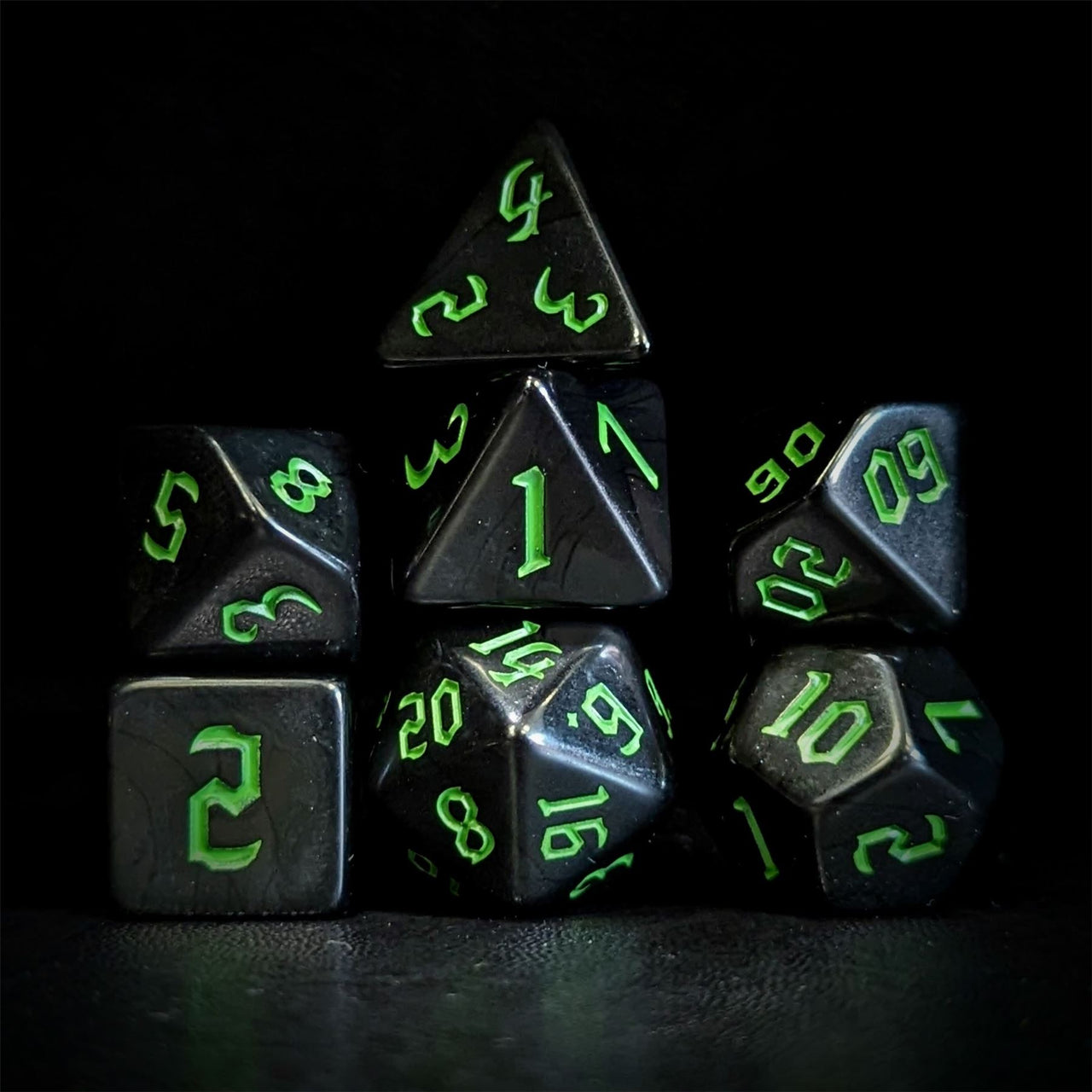 Green on Solid Black Acrylic - 7pcs RPG Full Dice Set Dark Stack