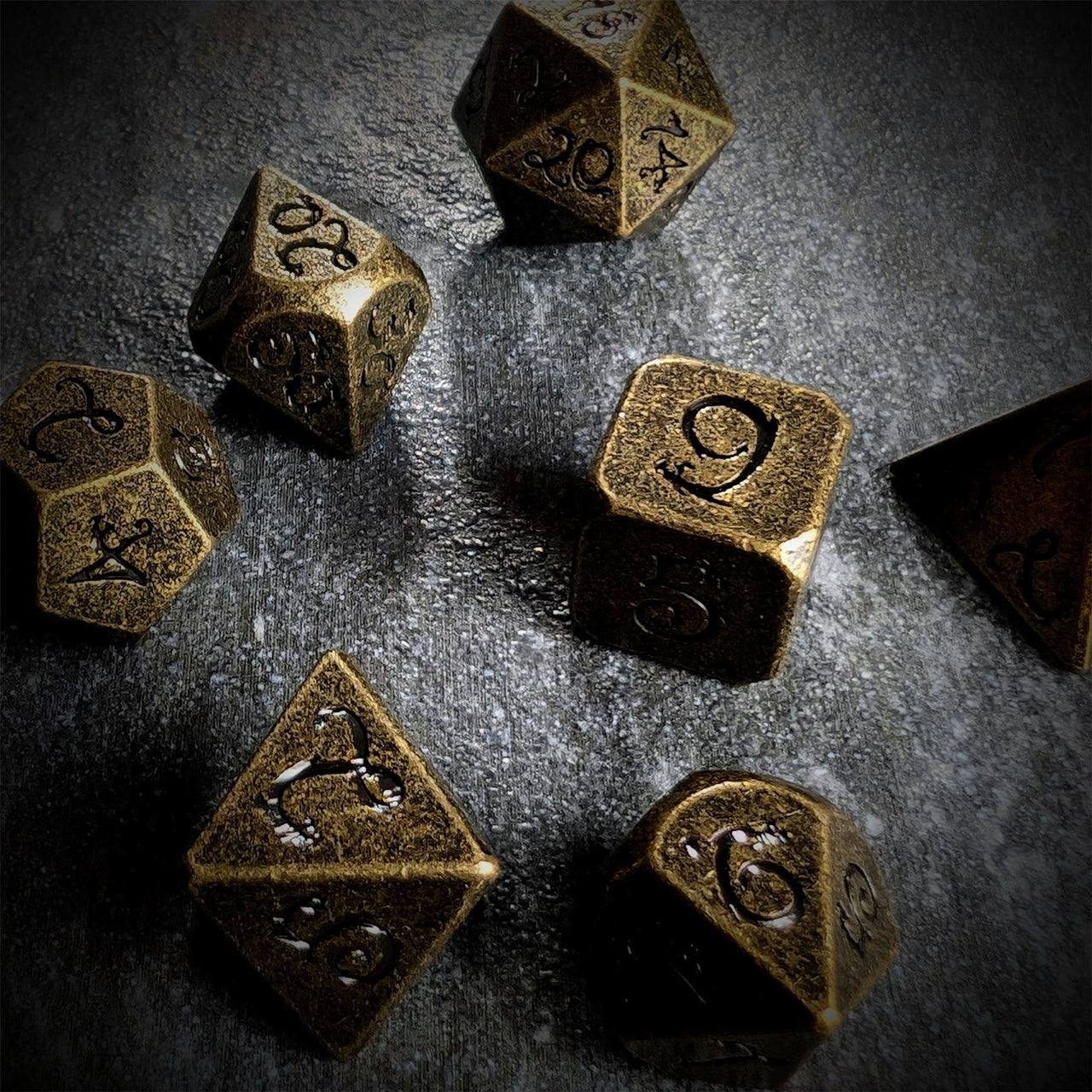 Bronze Metal with Black Dragon Font - 7pcs RPG Dice Set