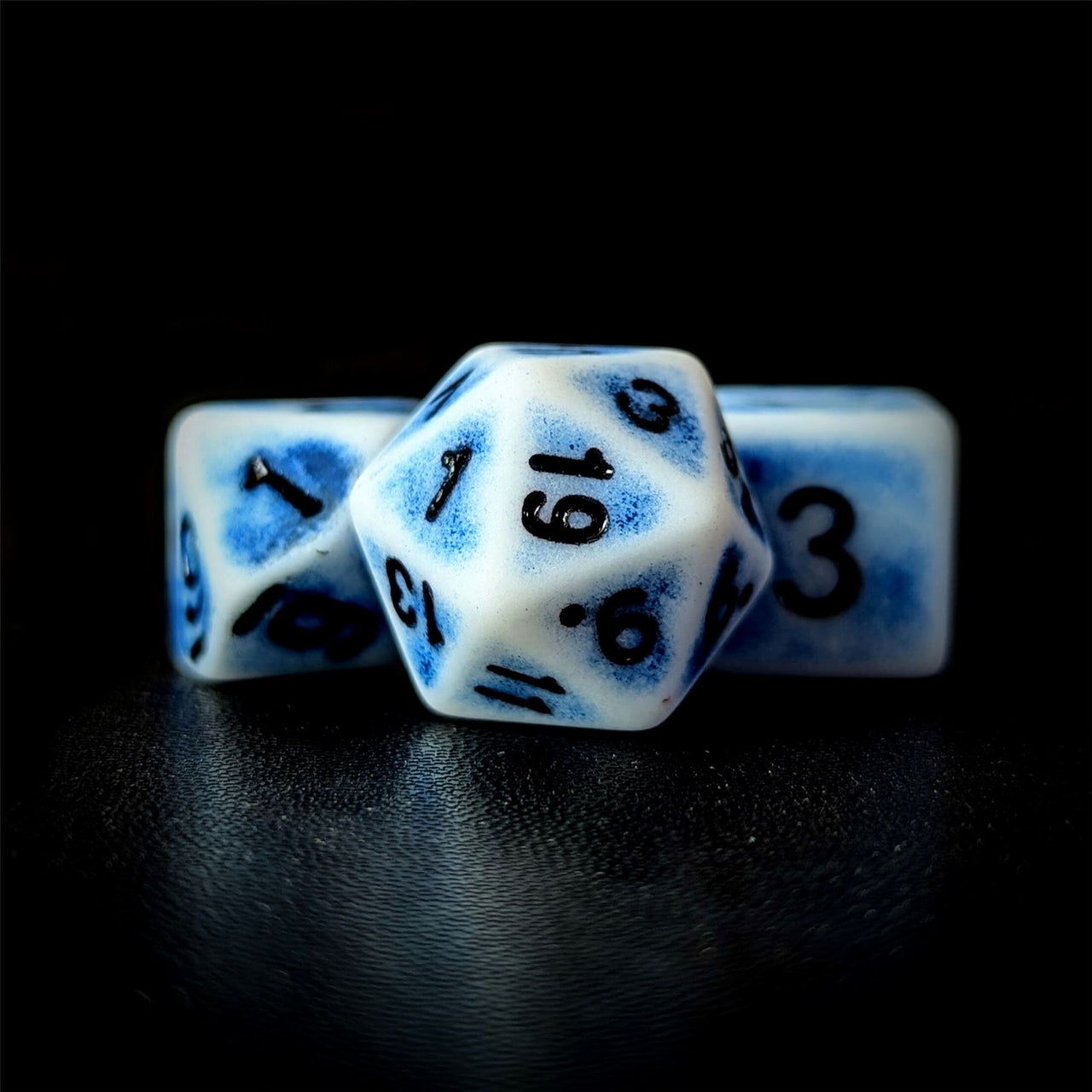 Washed Blue on White Acrylic - 7pcs RPG Full Dice Set Close