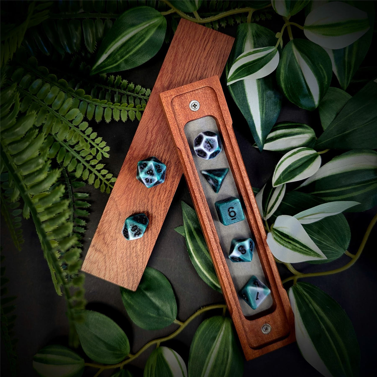 Washed Green on White Acrylic - 7pcs RPG Full Dice Set Box Setup