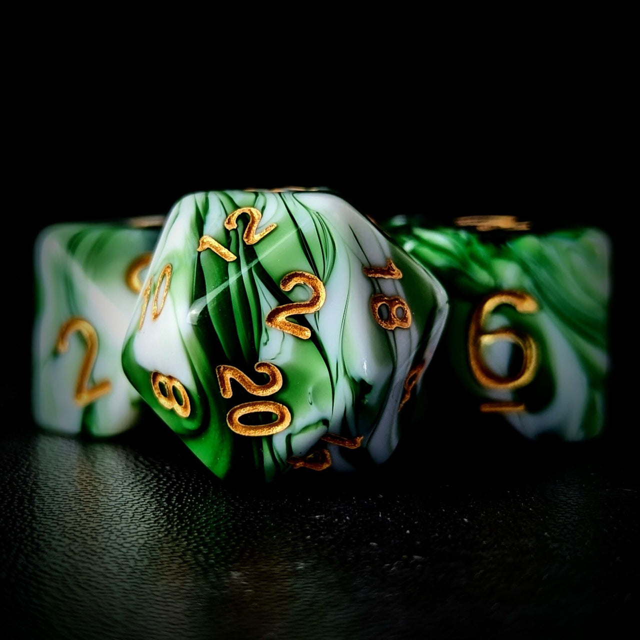 Blend of White & Green Acrylic - 7pcs RPG Full Dice Set Close