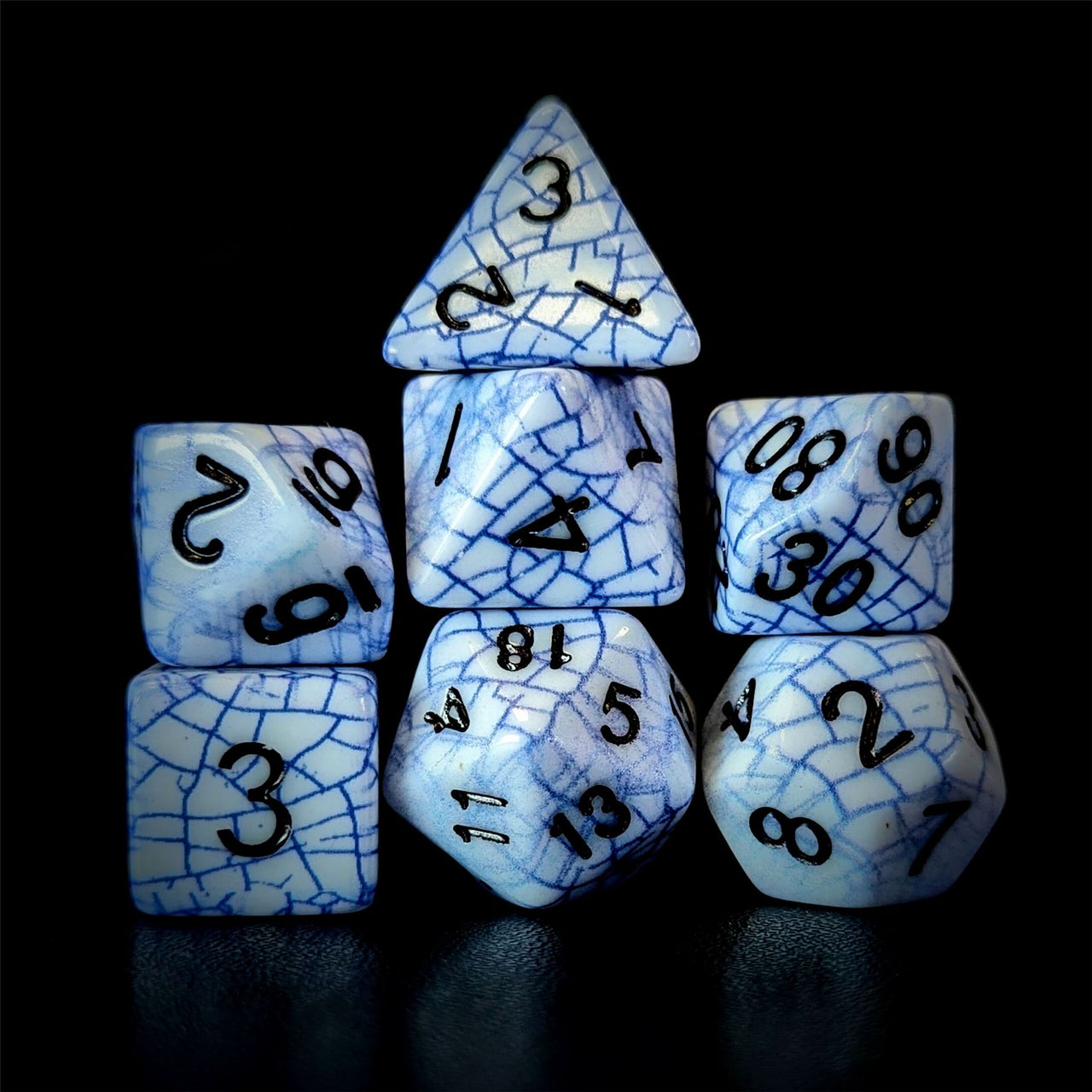 Cracked Blue on White Acrylic - 7pcs RPG Full Dice Set Dark Stack