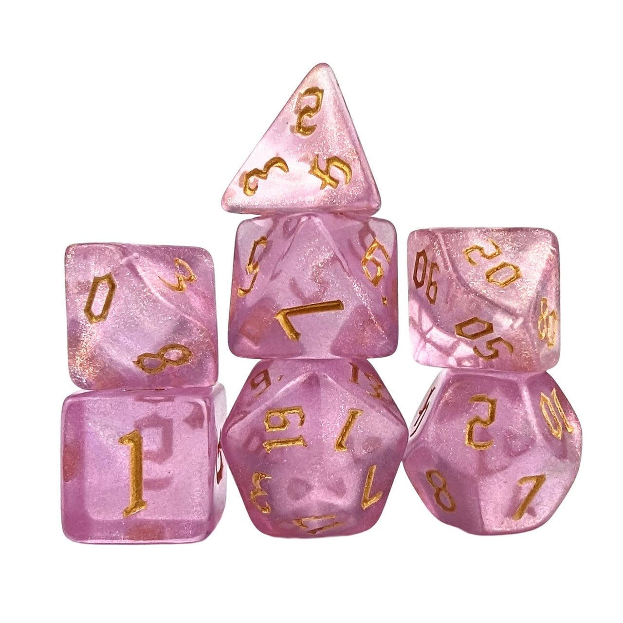 Glitter in Clear Pink Acrylic - 7pcs RPG Full Dice Set White Stack