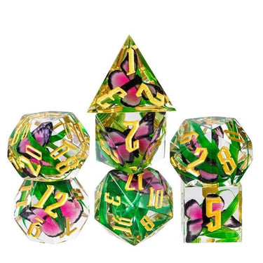 Pink Butterfly in Clear Filled Sharp Resin - 7pcs RPG Dice Set
