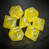 Thumbnail for Glitter in Clear Yellow Acrylic - 7pcs RPG Full Dice Set Top