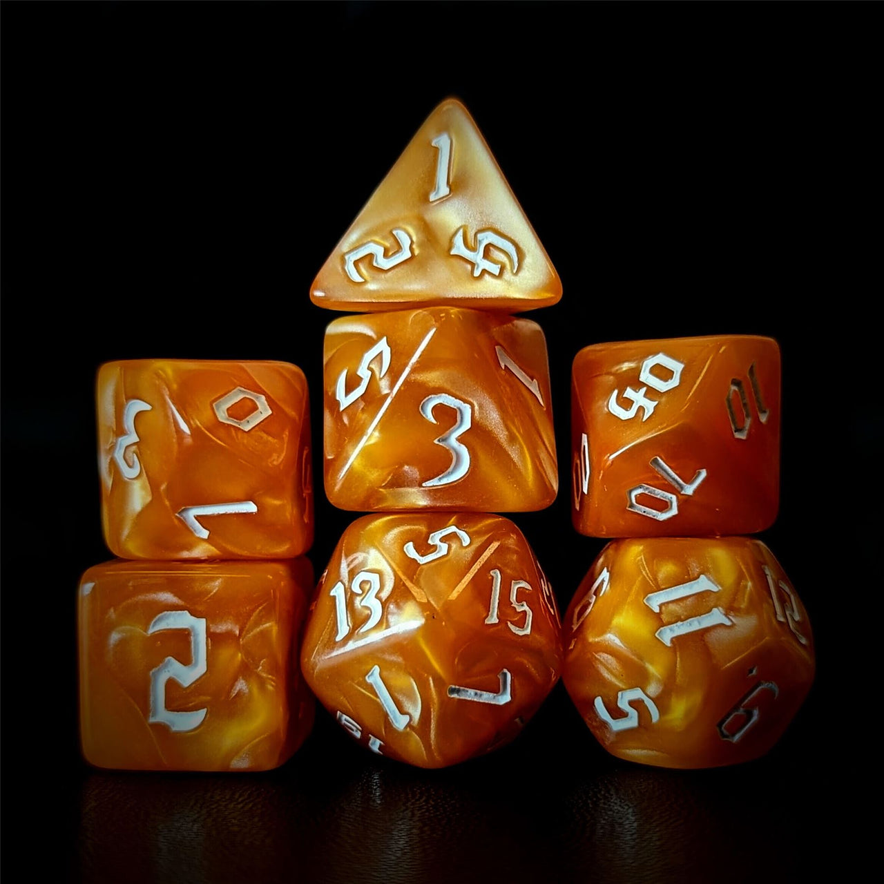 Orange Silk Acrylic - 7pcs RPG Full Dice Set Dark Stack