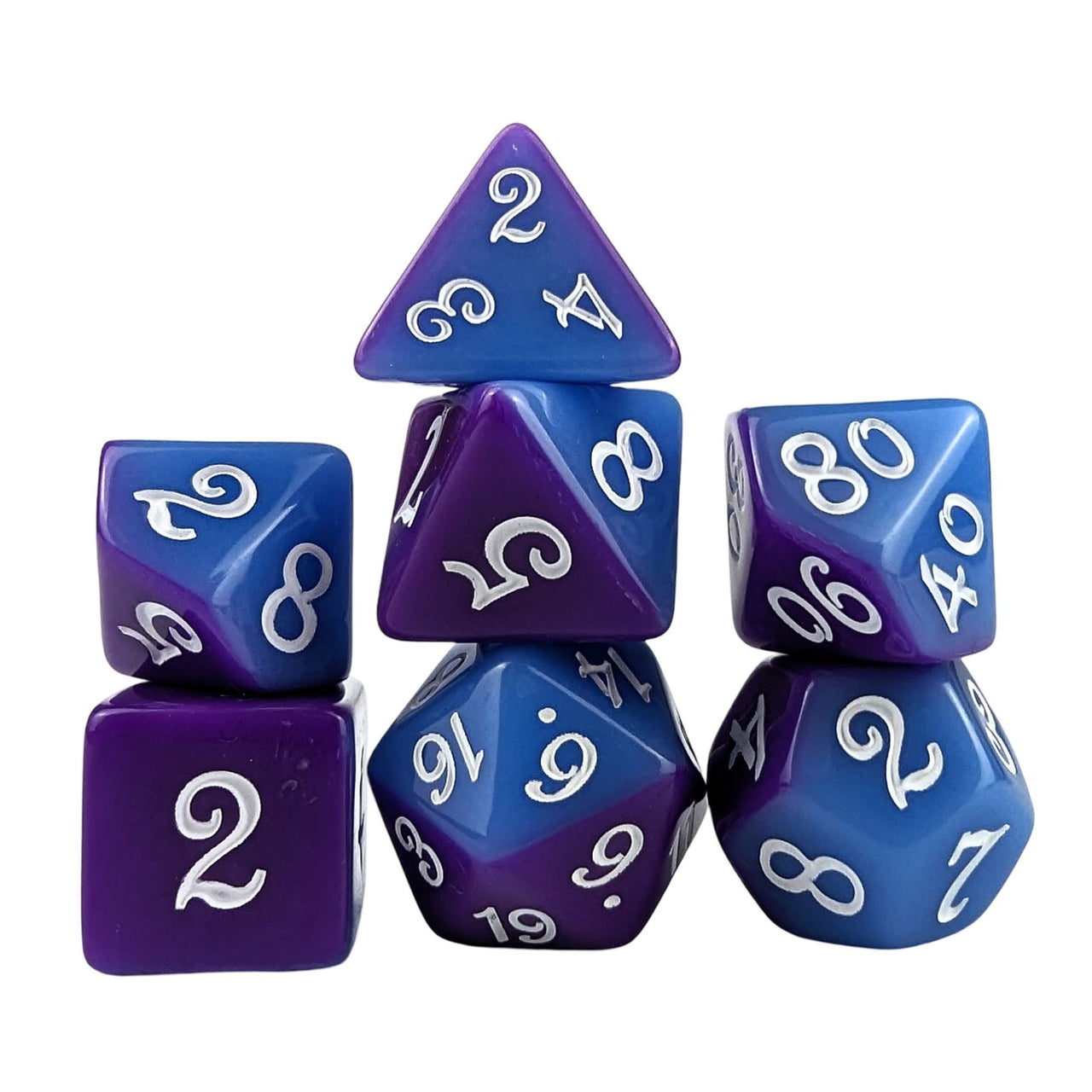 Blend of Blue & Purple Acrylic - 7pcs RPG Full Dice Set White Stack