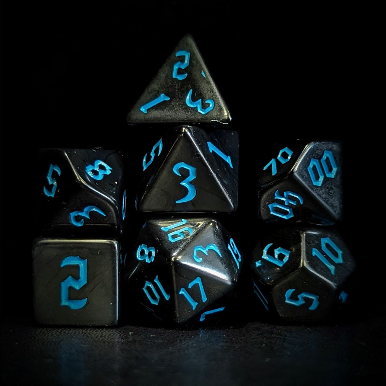 Blue on Solid Black Acrylic - 7pcs RPG Full Dice Set Dark Stack