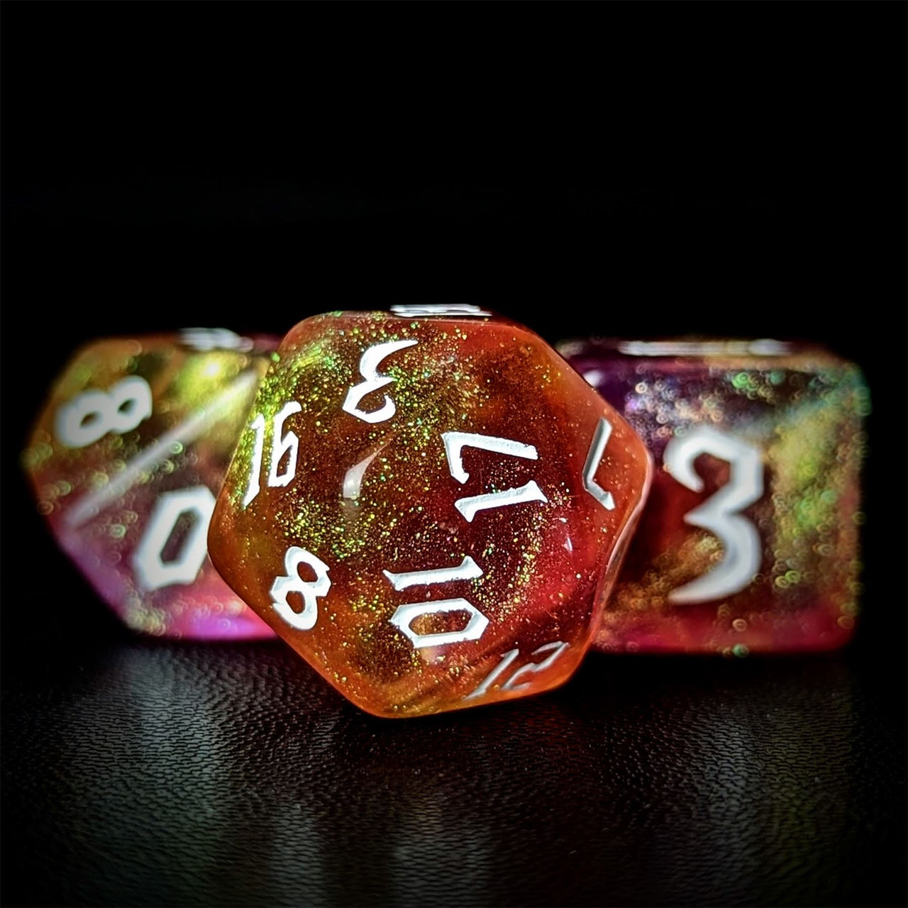 Glitter in Yellow & Pink Acrylic - 7pcs RPG Full Dice Set Close