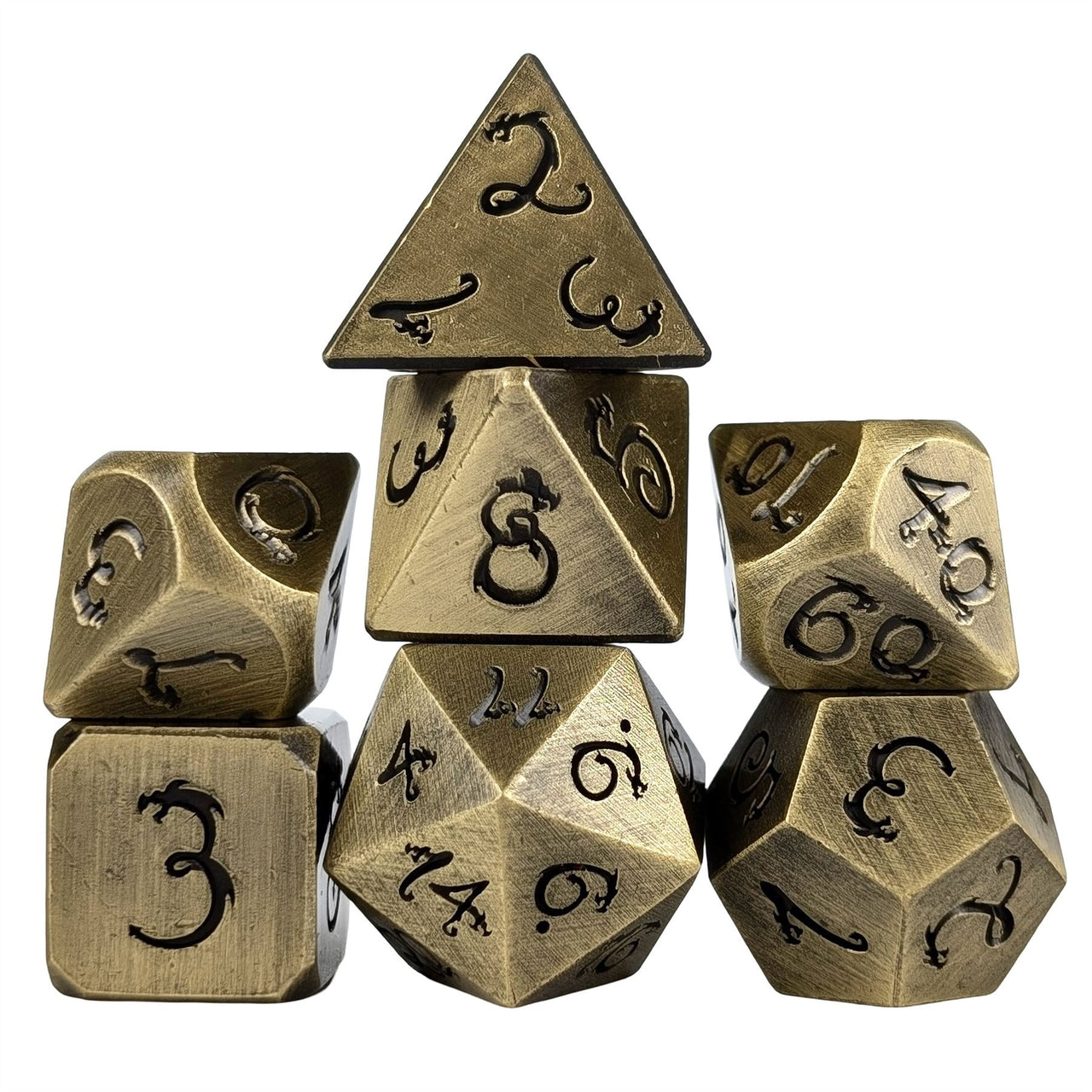 Bronze Metal with Black Dragon Font - 7pcs RPG Dice Set