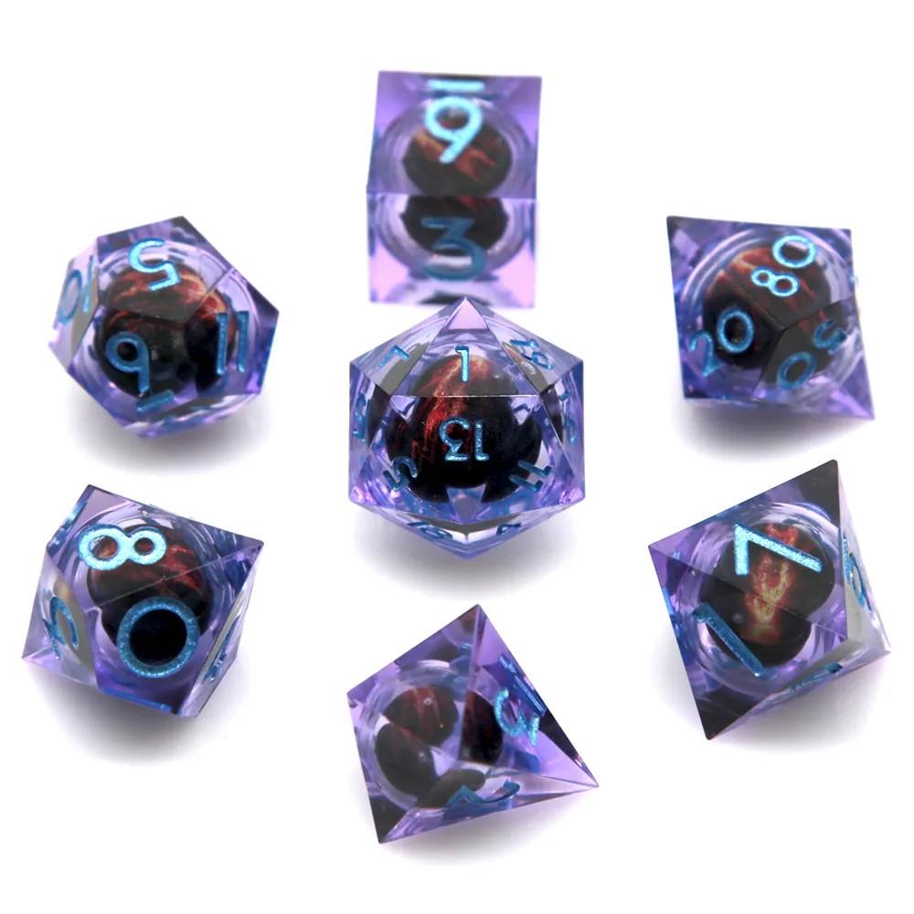 Red Dragon Eye Ball in Clear & Purple Filled Sharp Resin - 7pcs RPG Dice Set