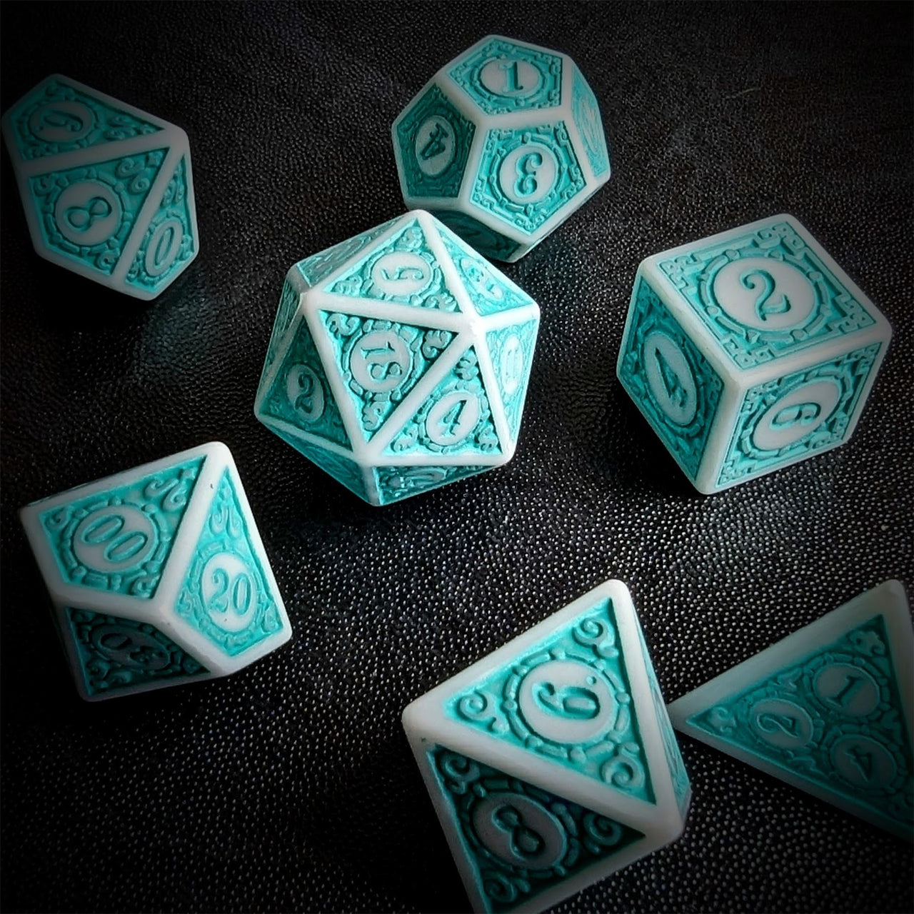 Cyan Lattice on White Acrylic - 7pcs RPG Full Dice Set Scatter