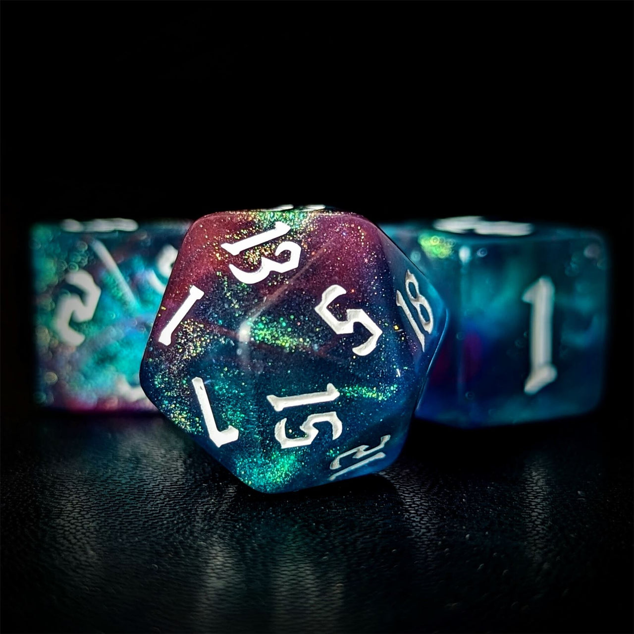 Glitter in Blue & Pink Acrylic - 7pcs RPG Full Dice Set Close