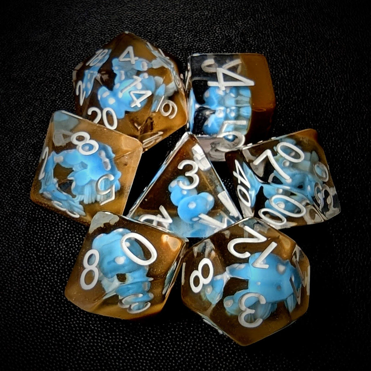 Blue Mashroom in Clear & Brown Resin - 7pcs RPG Full Dice Set