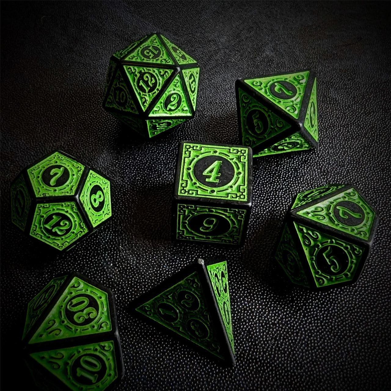 Green Lattice on Black Acrylic - 7pcs RPG Full Dice Set Scatter