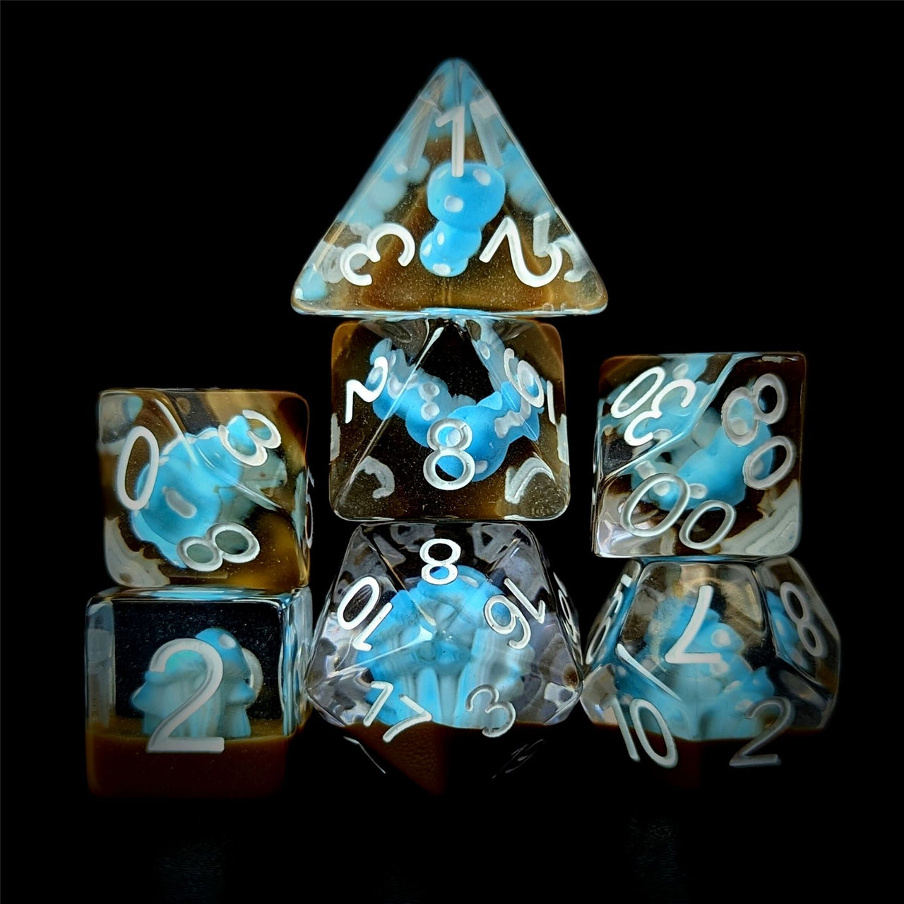 Blue Mashroom in Clear & Brown Resin - 7pcs RPG Full Dice Set