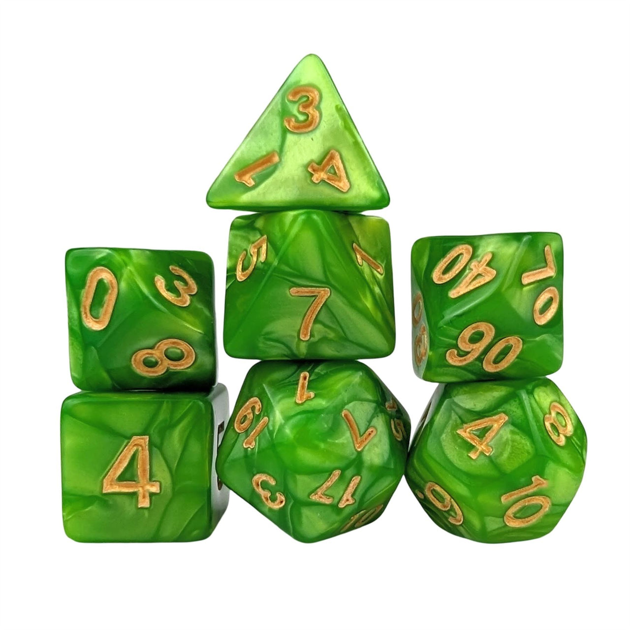 Green Silk Acrylic - 7pcs RPG Full Dice Set White Stack