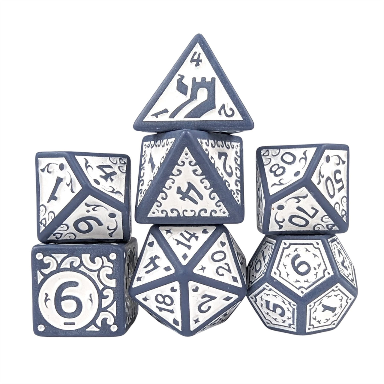 White Vines on Grey Acrylic - 7pcs RPG Full Dice Set White Stack