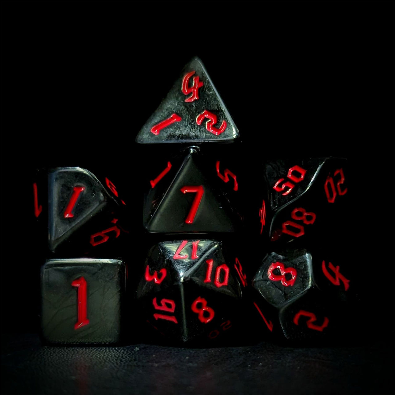 Red on Solid Black Acrylic - 7pcs RPG Full Dice Set Dark Stack
