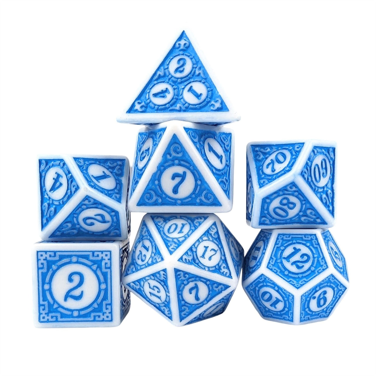 Blue Lattice on White Acrylic - 7pcs RPG Full Dice Set White Stack