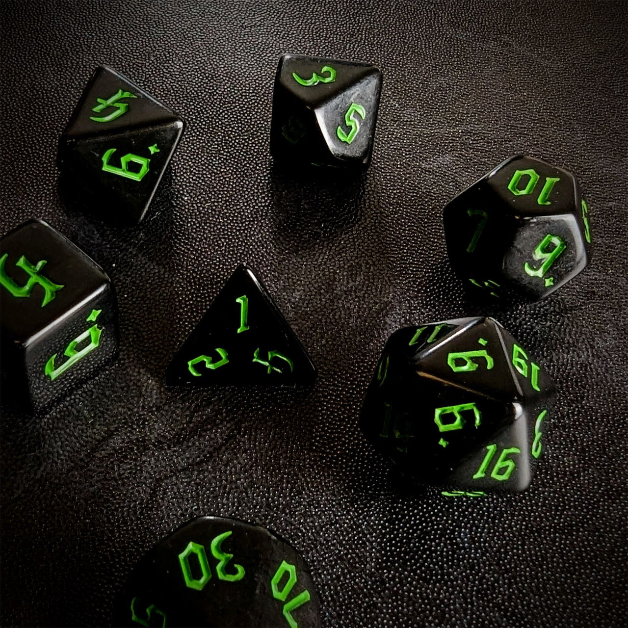 Green on Solid Black Acrylic - 7pcs RPG Full Dice Set Scatter