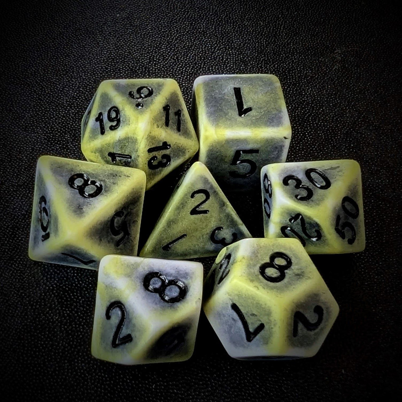Washed Yellow on White Acrylic - 7pcs RPG Full Dice Set Top