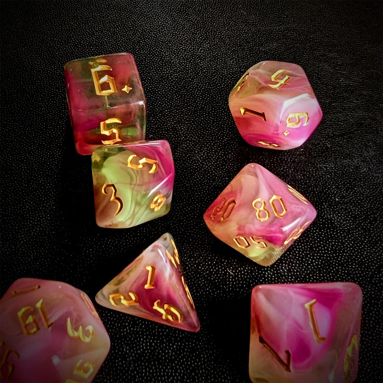 Blend of Green & Pink Acrylic - 7pcs RPG Full Dice Set Scatter