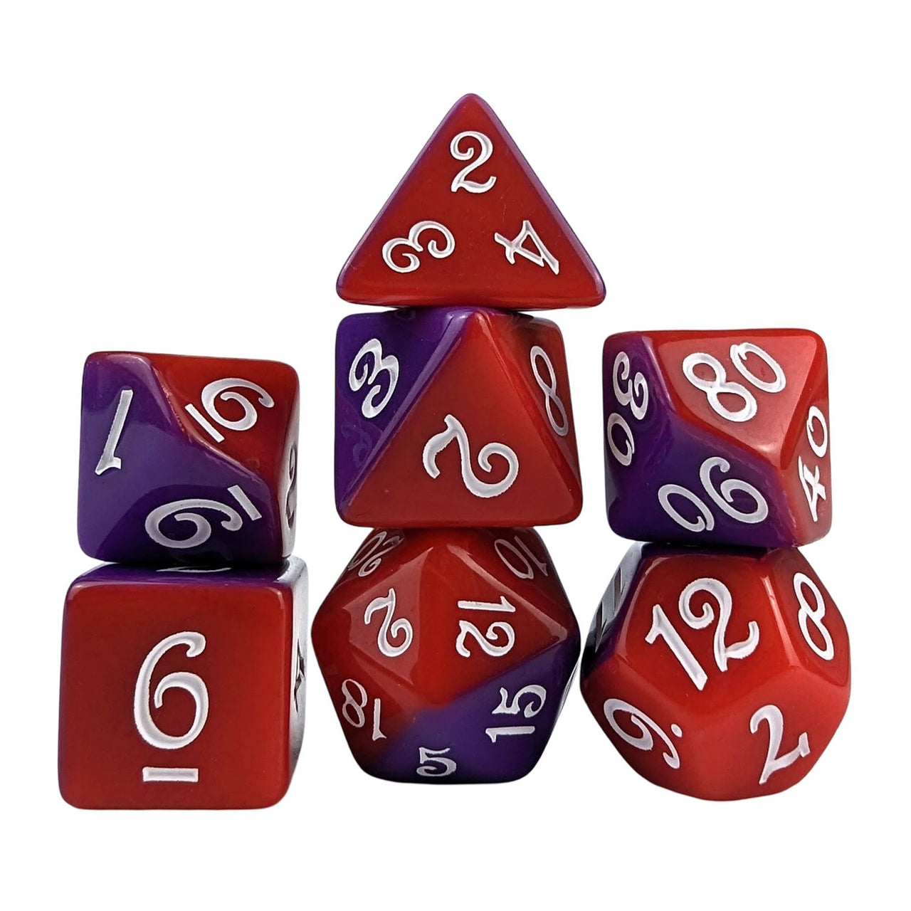 Blend of Red & Purple Acrylic - 7pcs RPG Full Dice Set White Stack