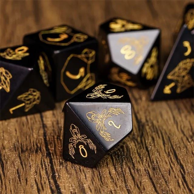 Beasts on Black Obsidian Gemstone - 7pcs RPG Dice Set