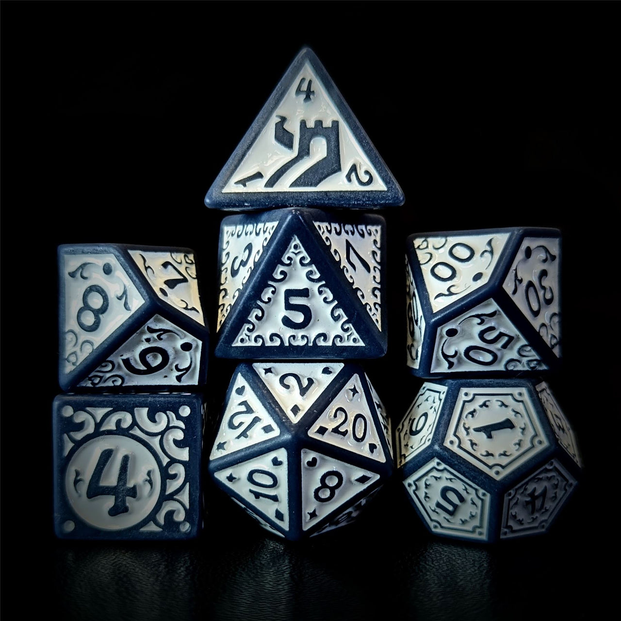 White Vines on Grey Acrylic - 7pcs RPG Full Dice Set Dark Stack