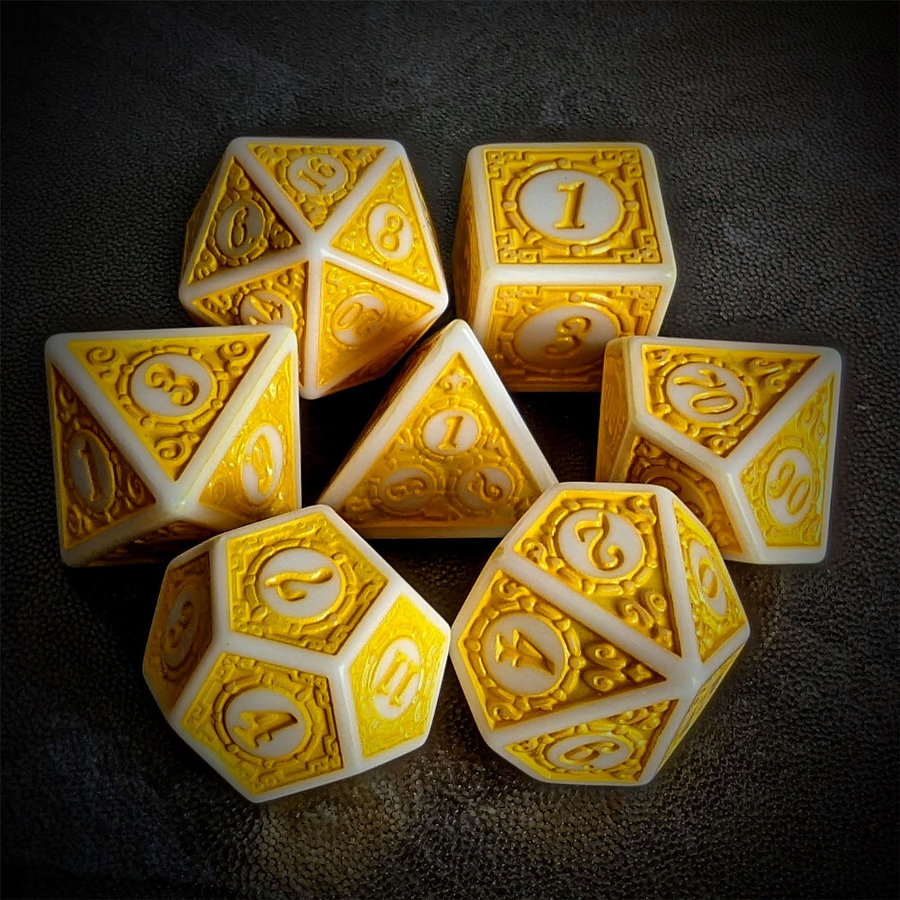 Yellow Lattice on White Acrylic - 7pcs RPG Full Dice Set Top