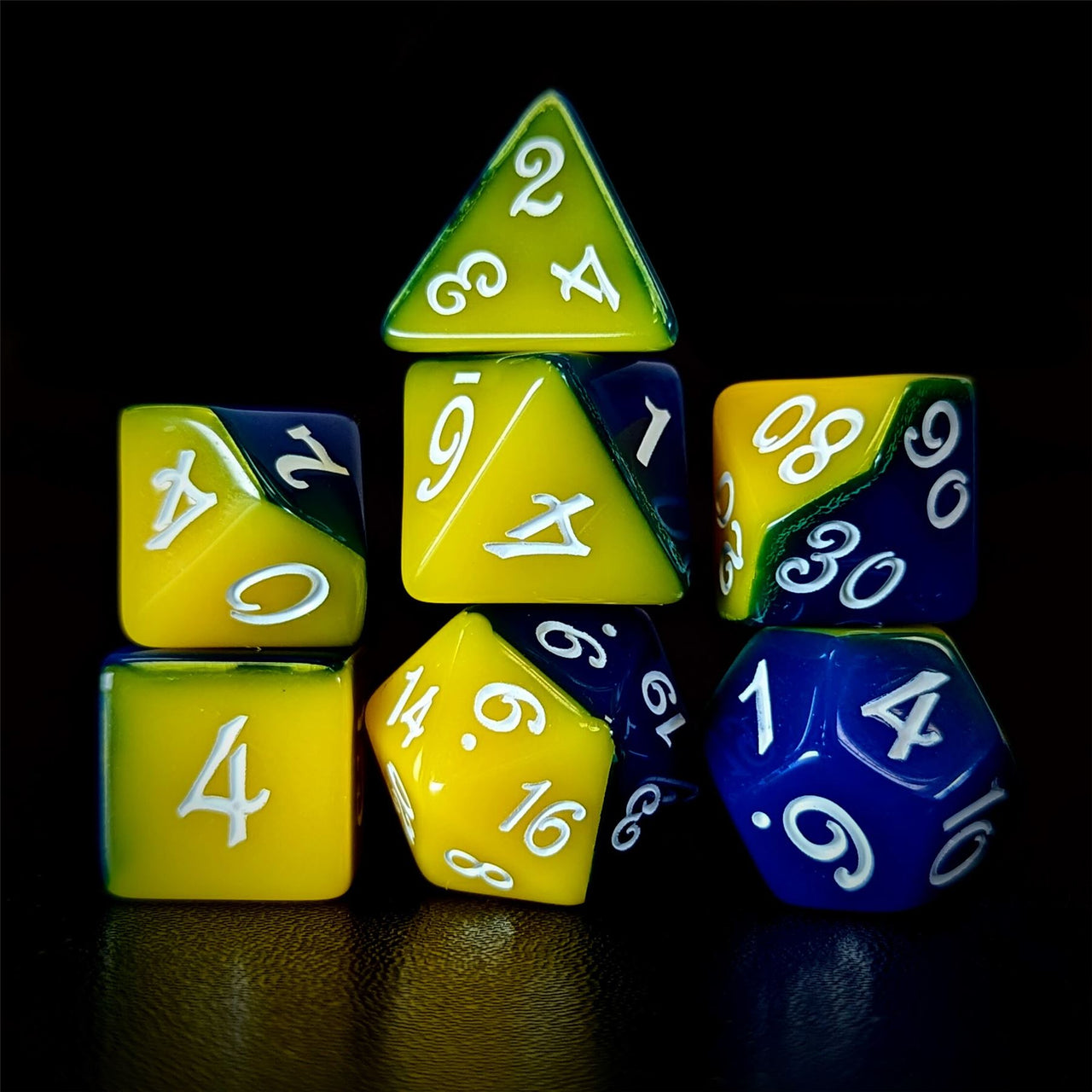 Blend of Yellow & Blue Acrylic - 7pcs RPG Full Dice Set Dark Stack