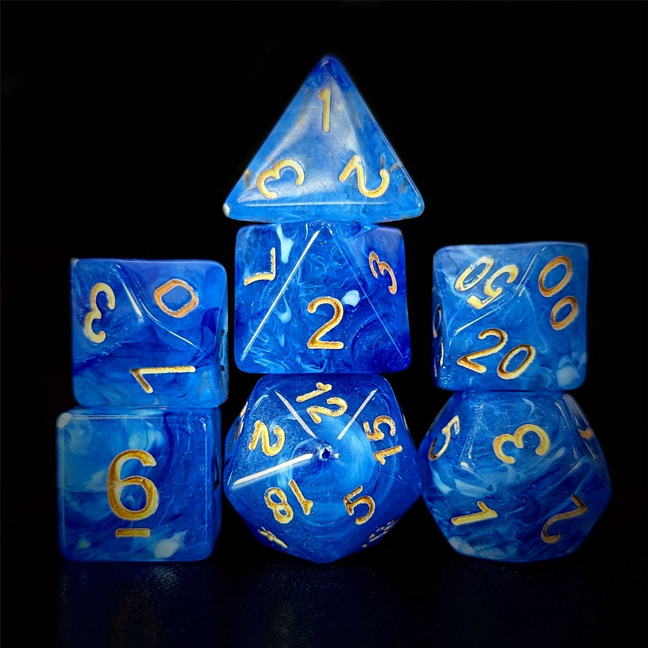 Blue Silk Acrylic - 7pcs RPG Full Dice Set Dark Stack