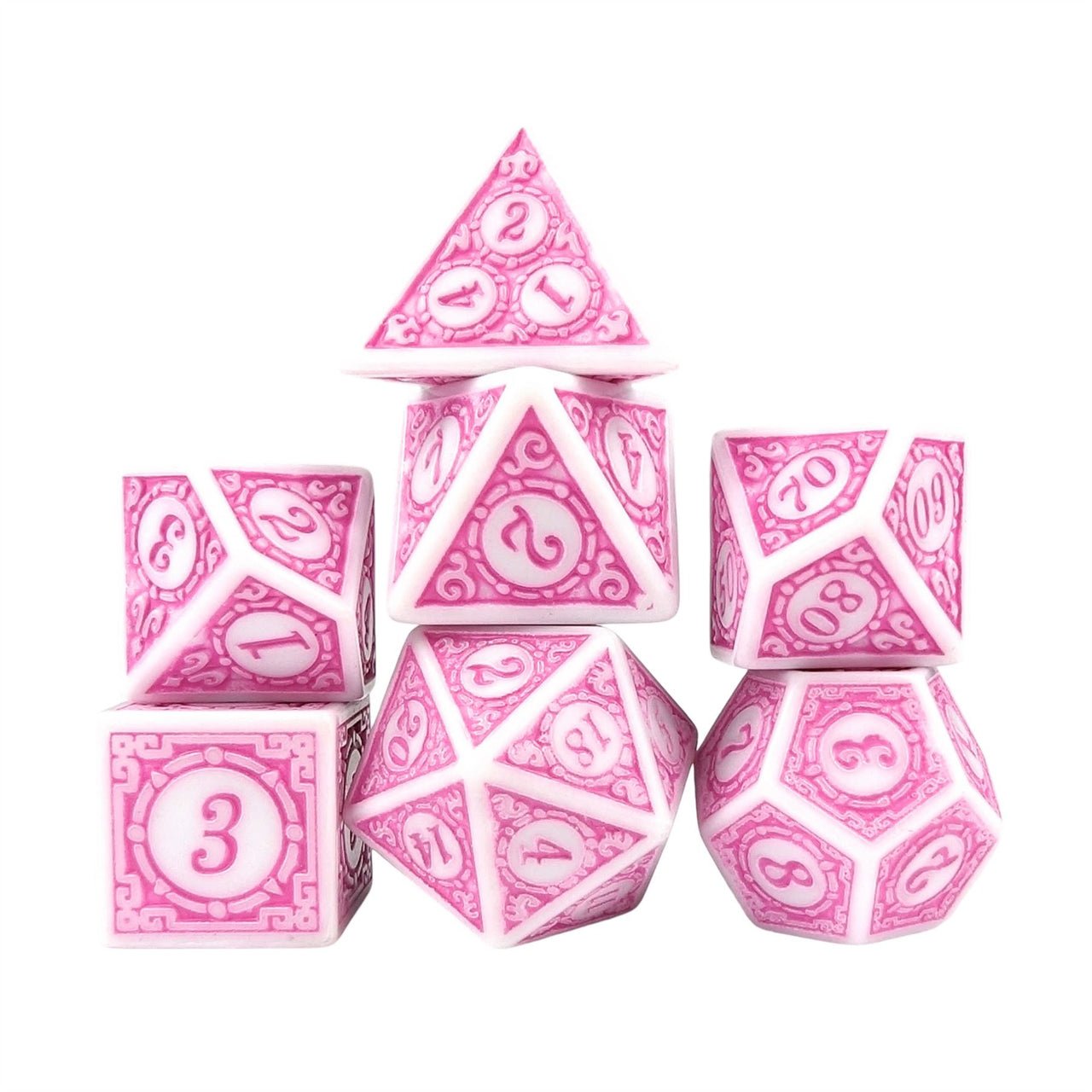 Pink Lattice on White Acrylic - 7pcs RPG Full Dice Set White Stack