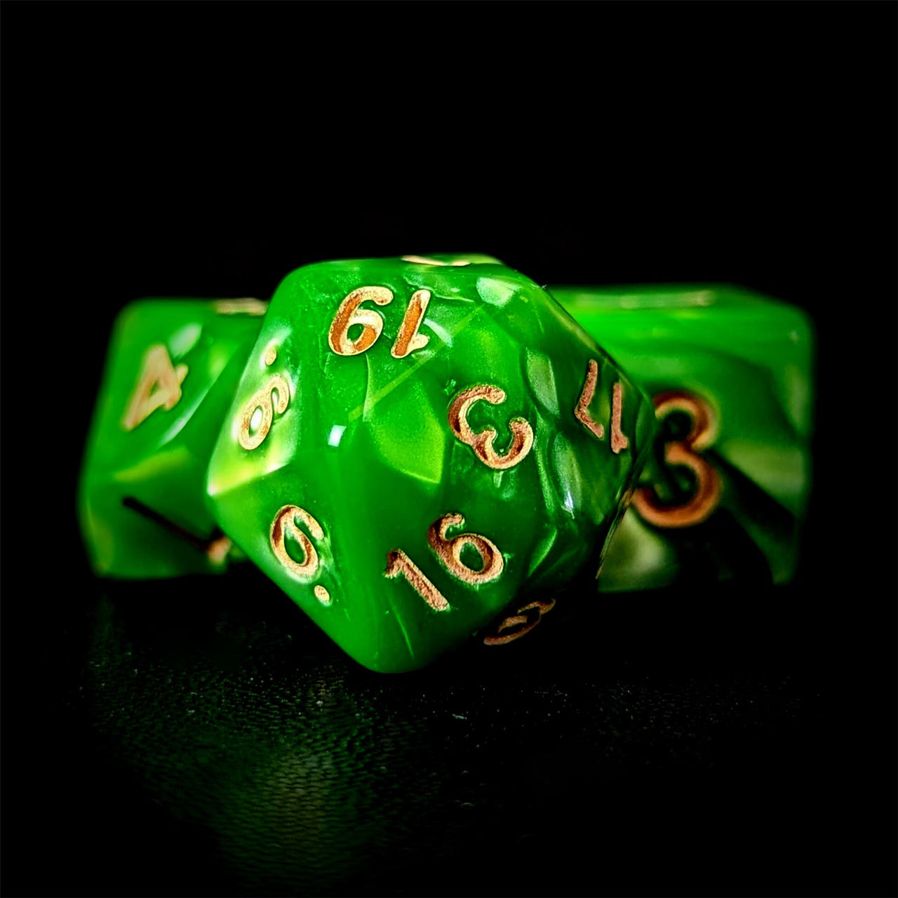 Green Silk Acrylic - 7pcs RPG Full Dice Set Close