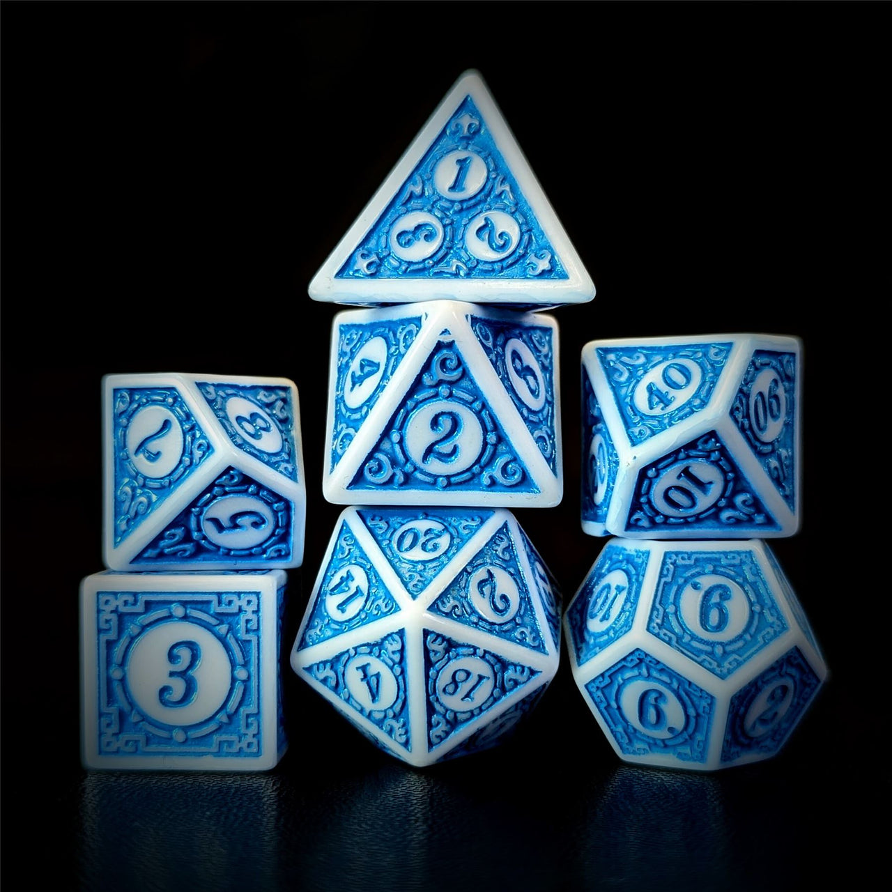 Blue Lattice on White Acrylic - 7pcs RPG Full Dice Set Dark Stack