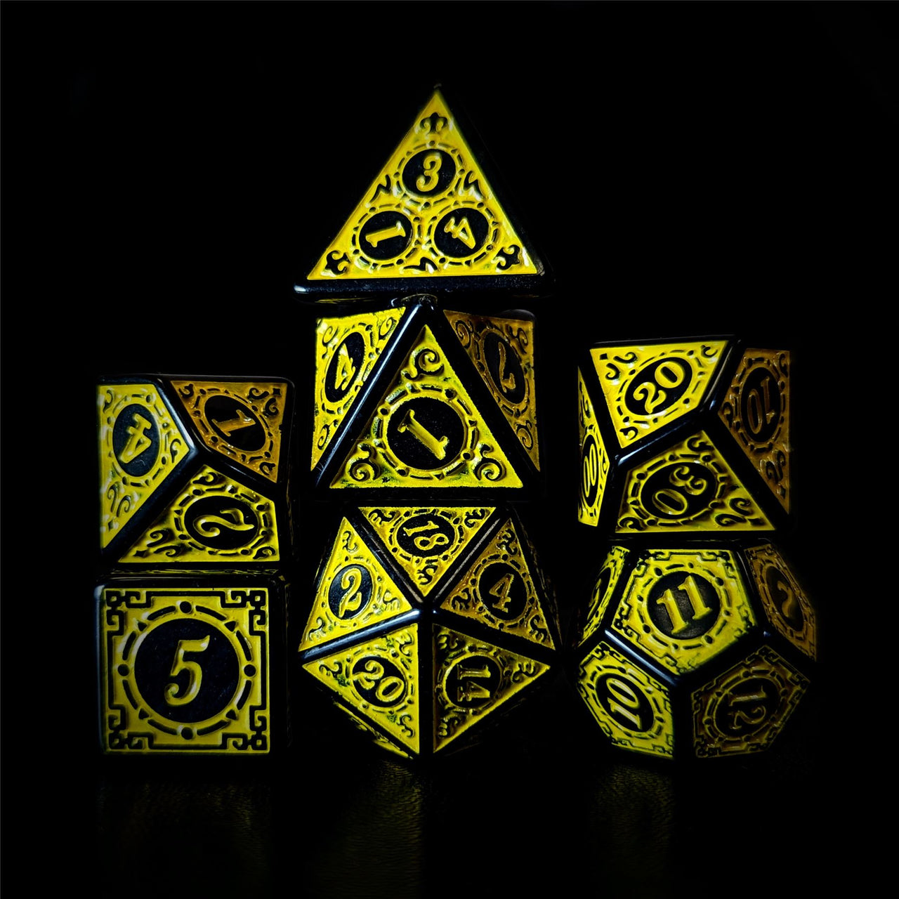 Yellow Lattice on Black Acrylic - 7pcs RPG Full Dice Set Dark Stack
