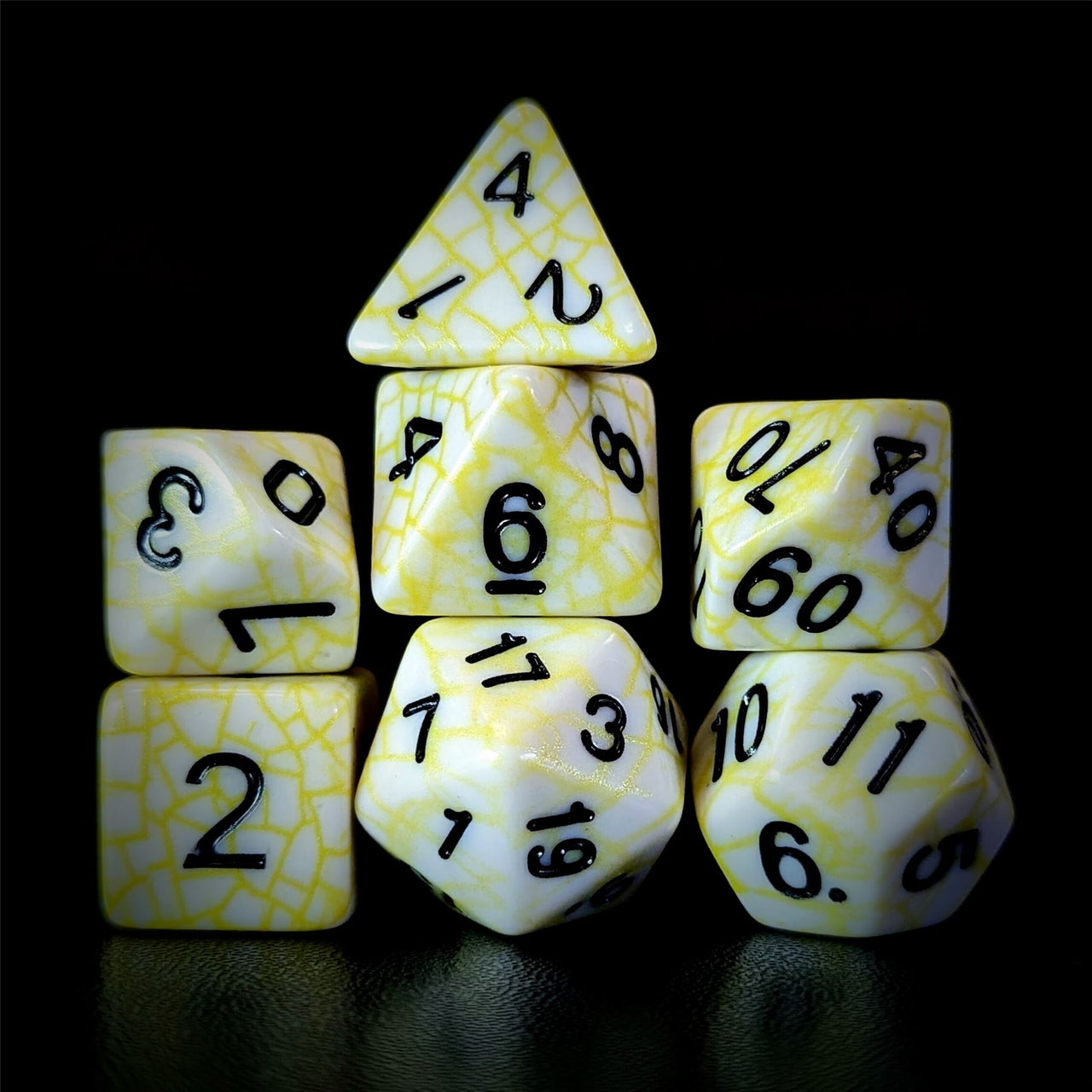Cracked Yellow on White Acrylic - 7pcs RPG Full Dice Set Dark Stack
