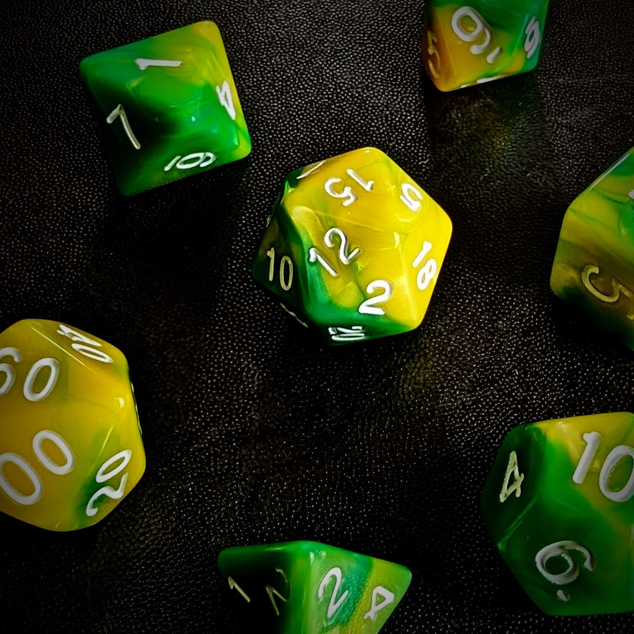 Blend of Green & Yellow Acrylic - 7pcs RPG Full Dice Set Scatter