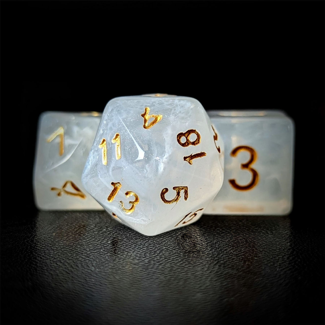 White Silk Acrylic - 7pcs RPG Full Dice Set Close