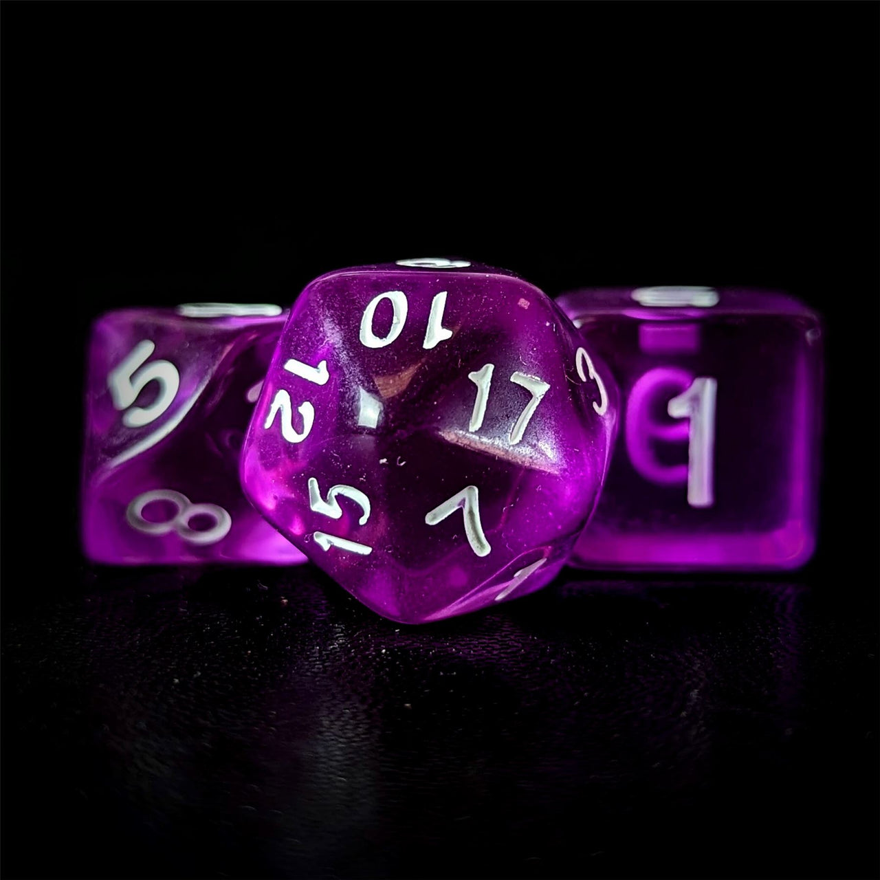 Clear Purple Acrylic - 7pcs RPG Full Dice Set Close