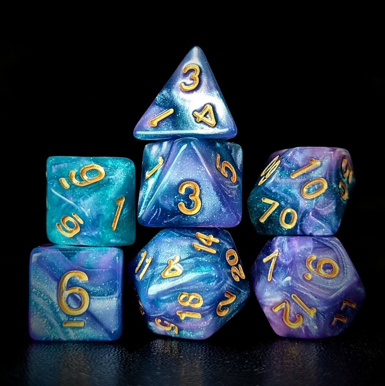 Glitter in Purple & Blue Acrylic - 7pcs RPG Full Dice Set Dark Stack