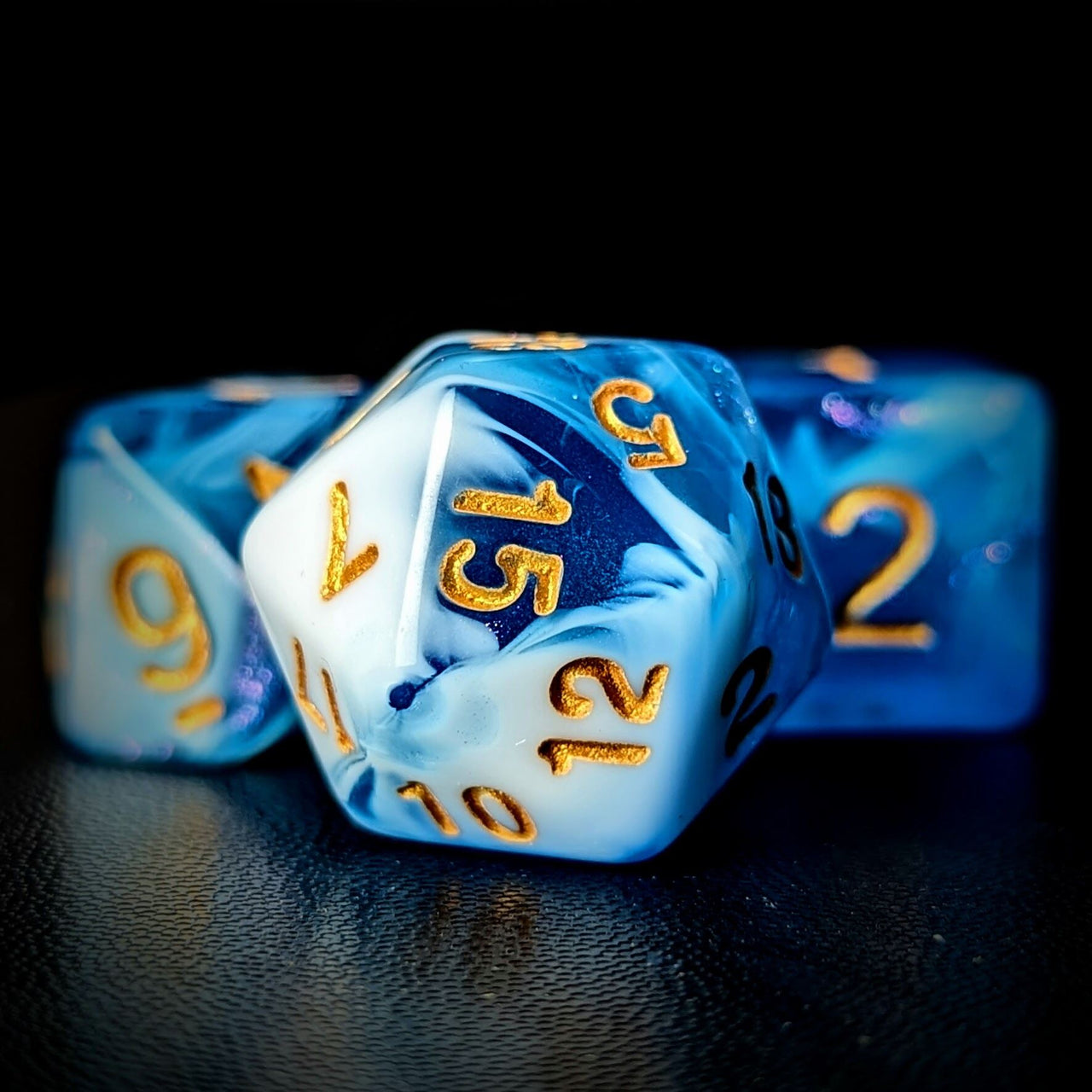 Glitter in Blue & White Acrylic - 7pcs RPG Full Dice Set Close