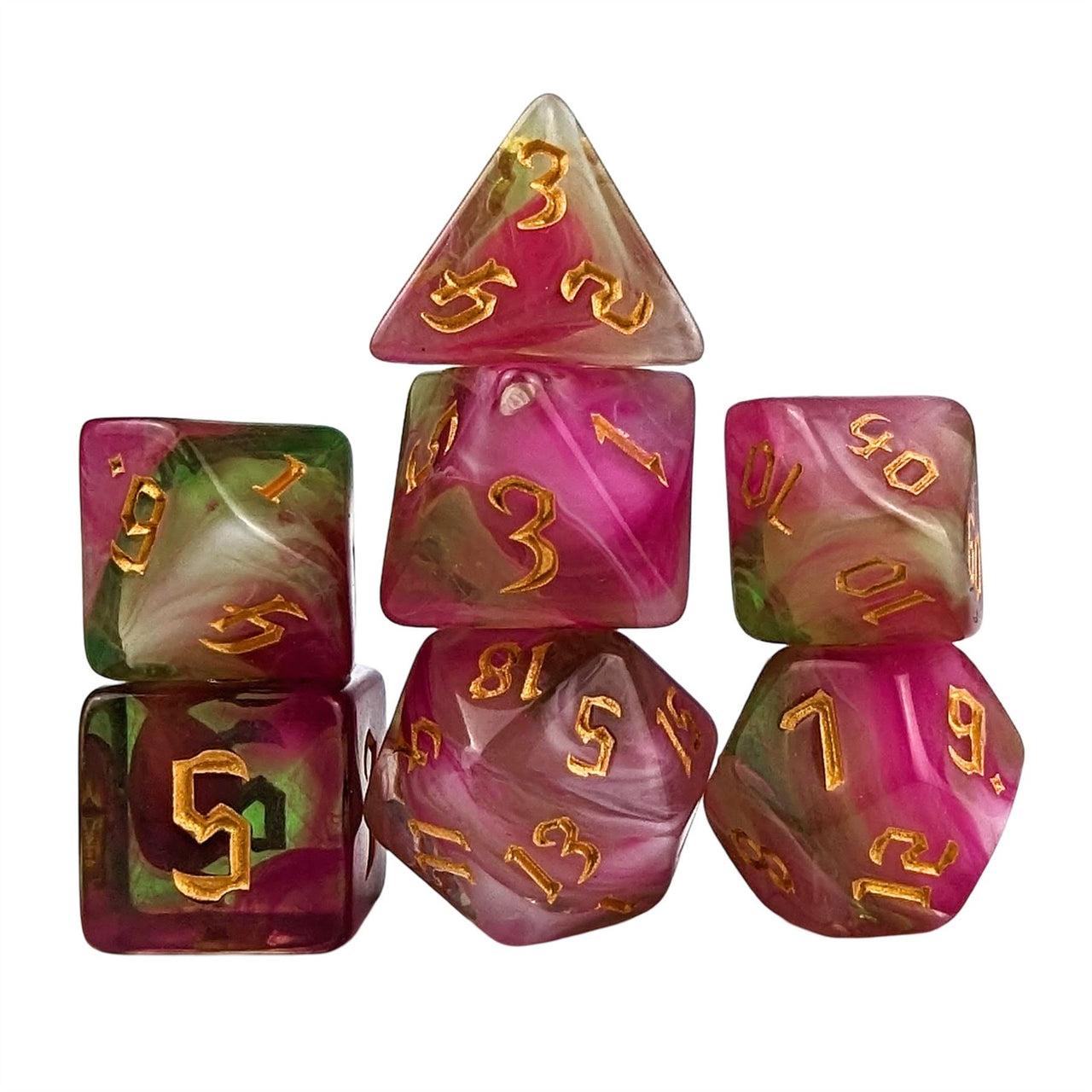 Blend of Green & Pink Acrylic - 7pcs RPG Full Dice Set White Stack