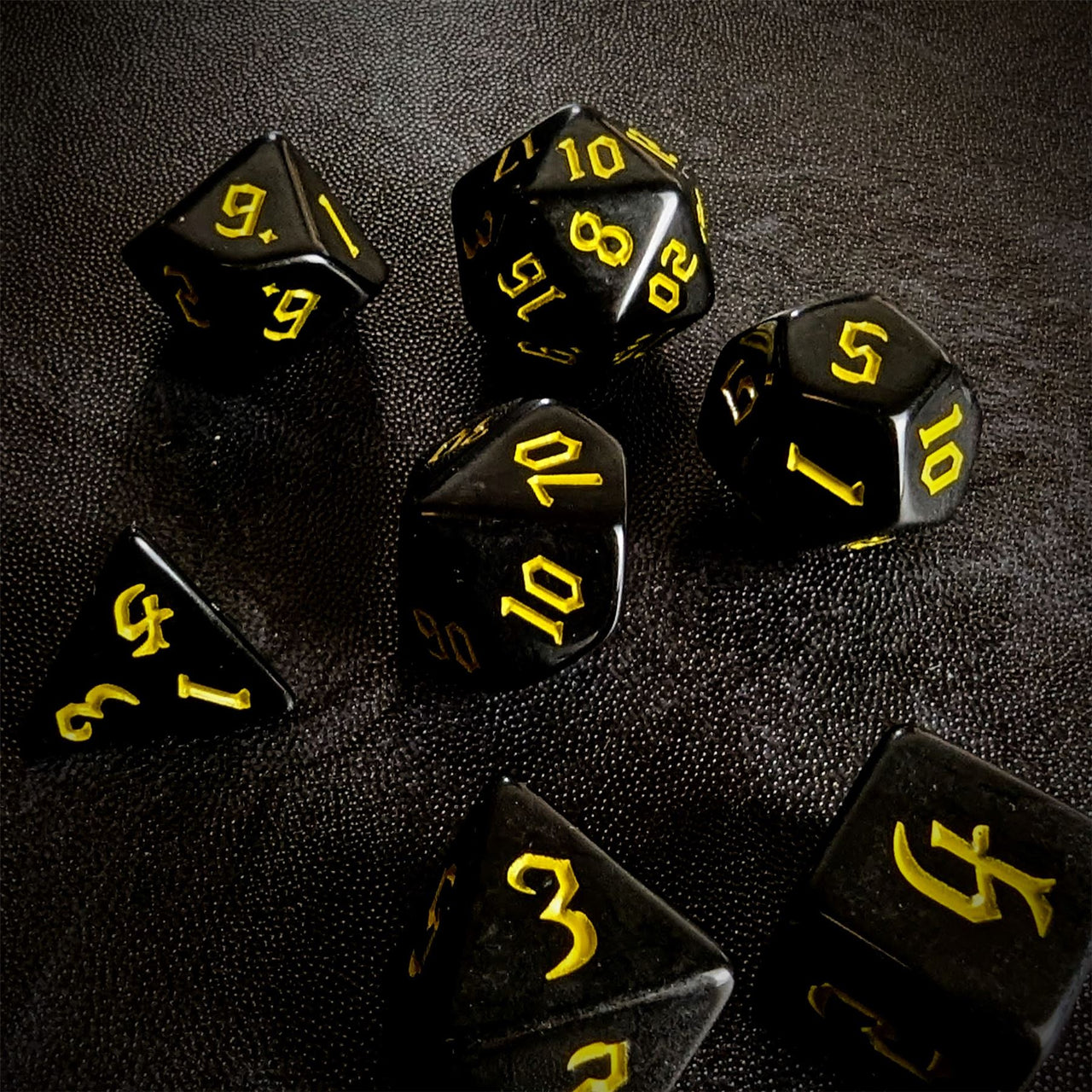 Yellow on Solid Black Acrylic - 7pcs RPG Full Dice Set Scatter