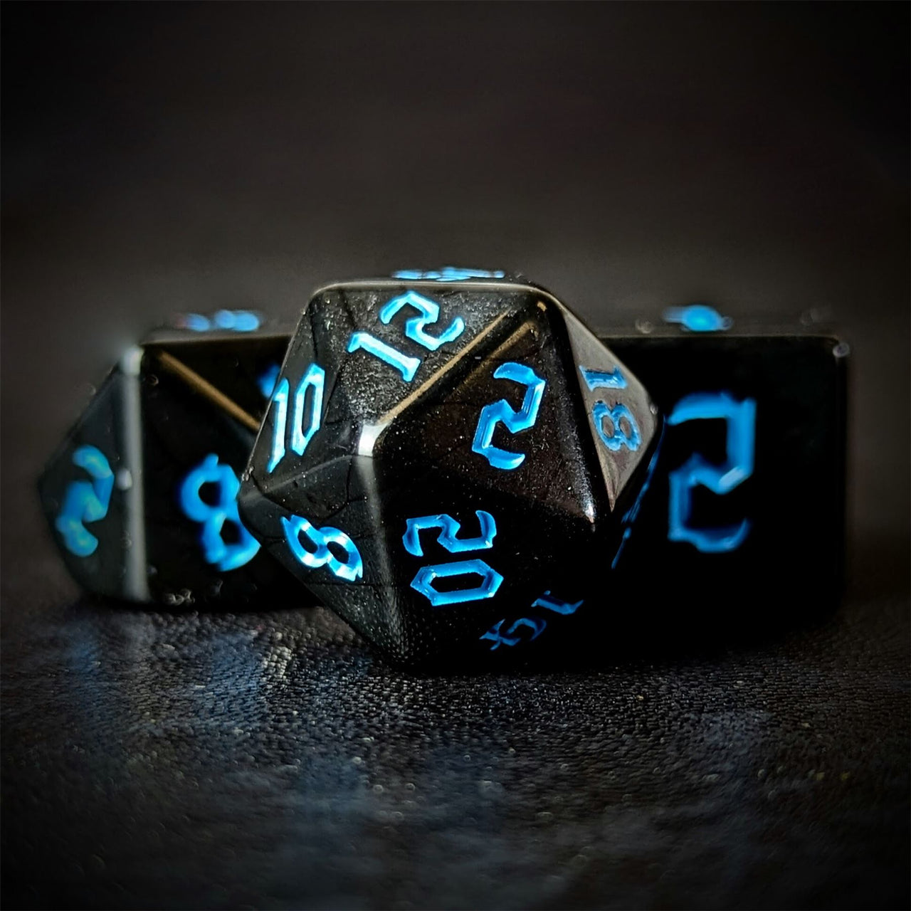Blue on Solid Black Acrylic - 7pcs RPG Full Dice Set Close