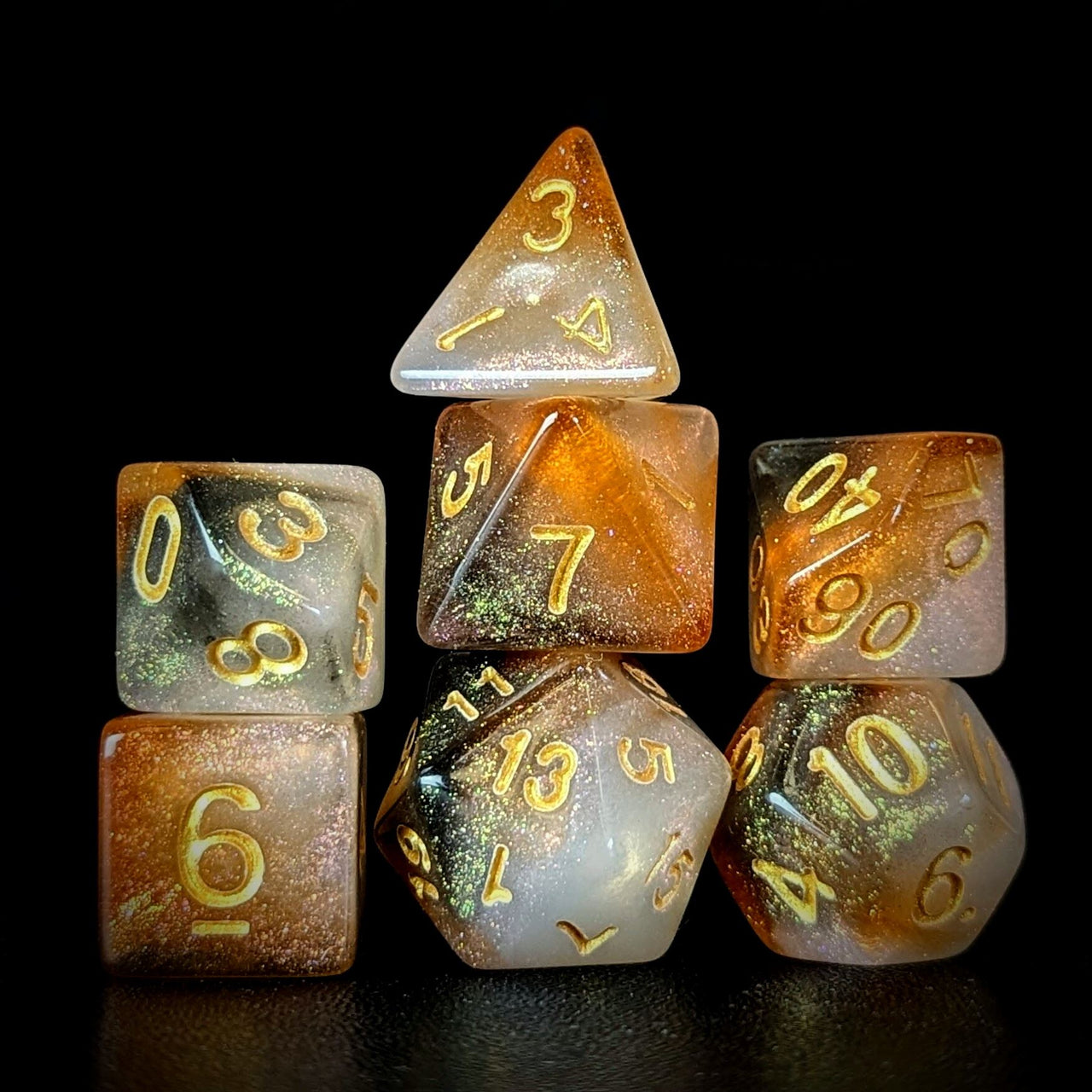 Glitter in Orange & White Acrylic - 7pcs RPG Full Dice Set Dark Stack